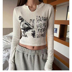 Blurry Long Sleeve Cotton Crop Top