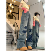 Patchwork Distressed Straight Leg Jeans