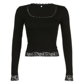 Lace Trim Splice Square Neck Crop Long Sleeve Tee