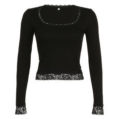 Lace Trim Splice Square Neck Crop Long Sleeve Tee