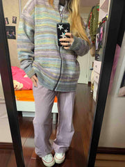 Zip Up Striped Knit Cardigan