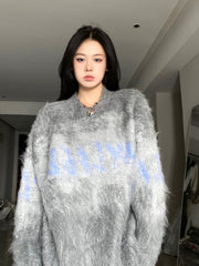 Fuzzy Contrast Color Print Oversized Sweater