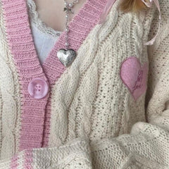 Oversize Heart Embroidered Cable Knit Cardigan