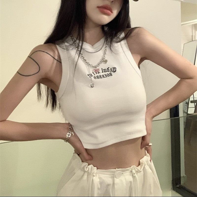 Letter Embroidery Ribbed Cropped Tank Top