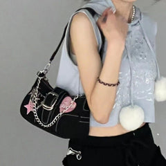 Butterfly Chain Detail Star Buckled Denim Shoulder Bag