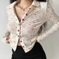 Polo Neck Floral Rib Blouse