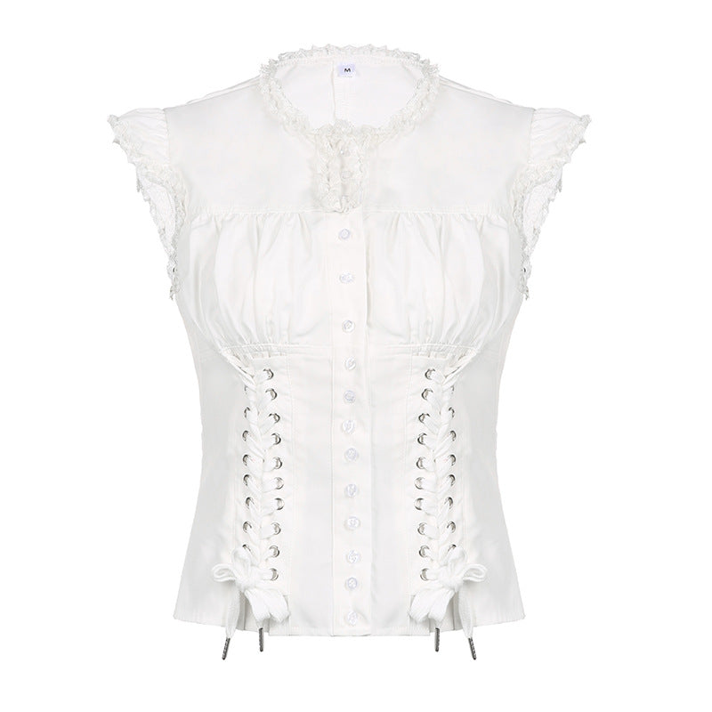Button Down Broidered Lace Crop Blouse