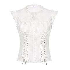 Button Down Broidered Lace Crop Blouse