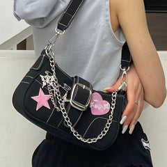 Butterfly Chain Detail Star Buckled Denim Shoulder Bag