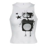 Pixel Robot Star White Cropped Tank Top