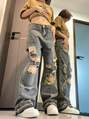 Faded Boyfriend Fit Frayed Ripped Jeans