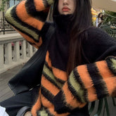 Vintage Color Block Striped Fuzzy Knit Sweater