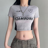 Retro Contrast Letter Short Sleeve Crop Top