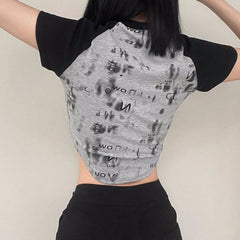 Vintage Metal Letter Raglan Sleeve Crop Top
