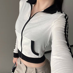 Side Striped Zip Up Long Sleeve Tee