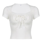Tie Front Patchwork White Crop Top