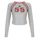 Contrast Trim Printed Long Sleeve Crop Top