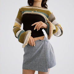 Striped Long Sleeve Bolero Crop Sweater Top