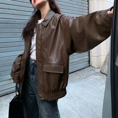 Solid Color Lapel Neck Leather Jacket