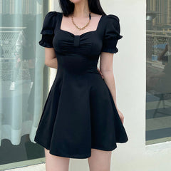 Retro Square Neck Black Bow Puff Sleeve Dress