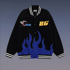 Embroidery Flame Moto Varsity Jacket