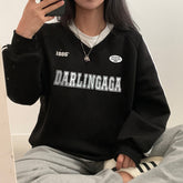 Vintage Letter Print V Neck Piping Long Sleeve Tee