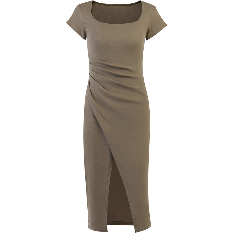 Ribbed Short Sleeve Slit Maxi Dress