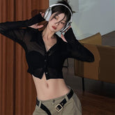 Button Front Cropped Sheer Long Sleeve Blouse