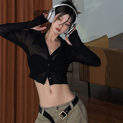 Button Front Cropped Sheer Long Sleeve Blouse