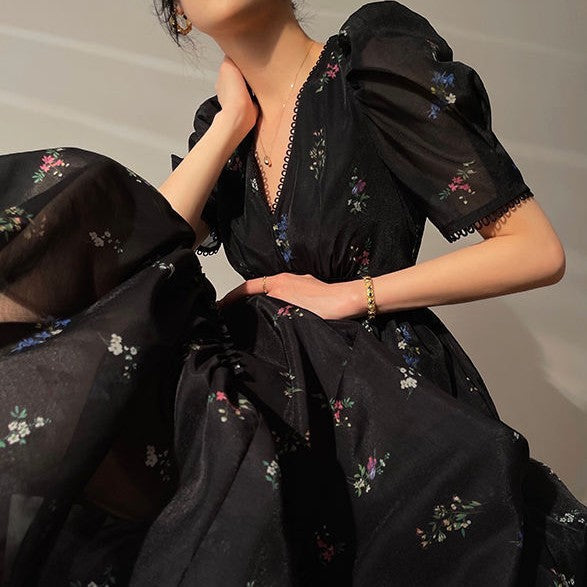 Puff Sleeve V-Neck Floral Maxi Dress