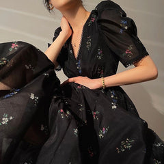 Puff Sleeve V-Neck Floral Maxi Dress
