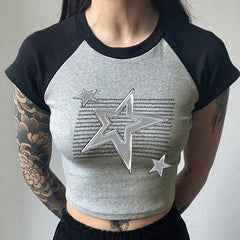 Star Graphic Raglan Sleeve Rib Crop Top