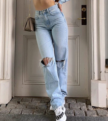 Blue Wash Straight Leg Knee Ripped Jeans