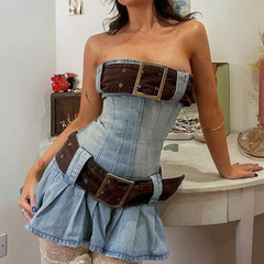 Buckle Belt Strapless Denim Mini Dress