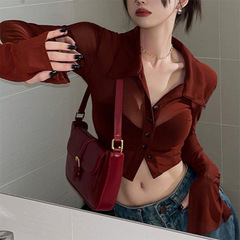 Button Front Cropped Sheer Long Sleeve Blouse