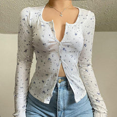 Button Front Floral Long Sleeve Blouse