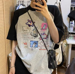 Cartoon Print Raglan Short Sleeve Tee