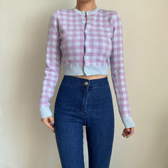 Checkered Button Front Knit Crop Cardigan