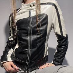 Color Block Zipper Faux Leather Moto Jacket