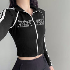 Contrast Color Letter Print Long Sleeve Crop Top