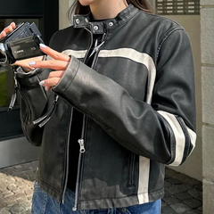 Contrast Color Piping Detail Collar Neck Leather Jacket