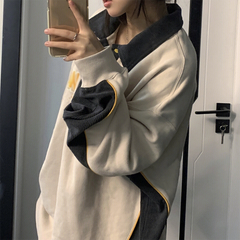 Contrast Color Splice Embroidery Neck Baggy Sweatshirt