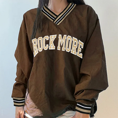 Contrast Color V Neck Drawstring Hem Sweatshirt