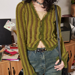 Contrast Color Vertical Stripe V Neck Cardigan