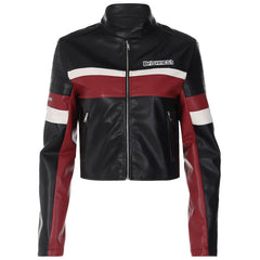 Contrast Pu Leather Cropped Moto Jacket