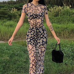 Daisy Print Mesh Maxi Dress