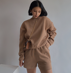 Drop Shoulder Halp Zip Sweatshirt & Drawstring Shorts Set