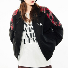 Embroidered Stars Plaid Varsity Jacket