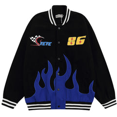 Embroidery Flame Moto Varsity Jacket