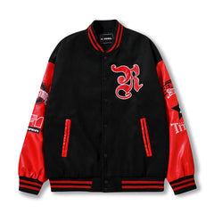 Embroidery Pu Leather Paneled Varsity Jacket